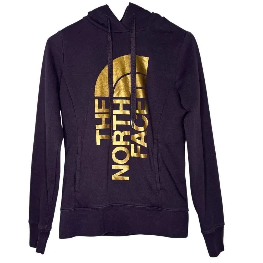 The North Face Dark Purple Hoodie Gold Logo Athleisure Cozy Women's Hoodie Sz XS